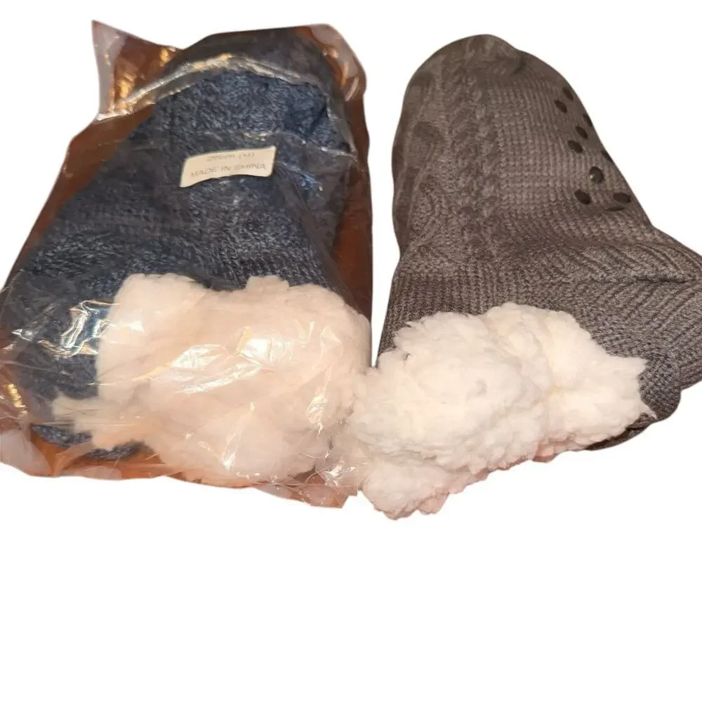 Unbranded Sz M Two‎ Pair Fleece Lined Slipper Socks No Slip Cozy